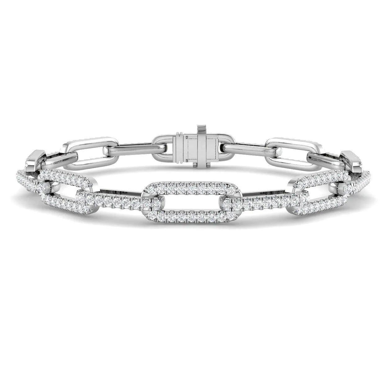 9K Yellow Gold Pave Round Cut Lab Grown Diamond Paperclip Style Bracelet with Box Clasp - 18k White Gold / 2.55 Carat / Natural Diamond: the shop's own photo