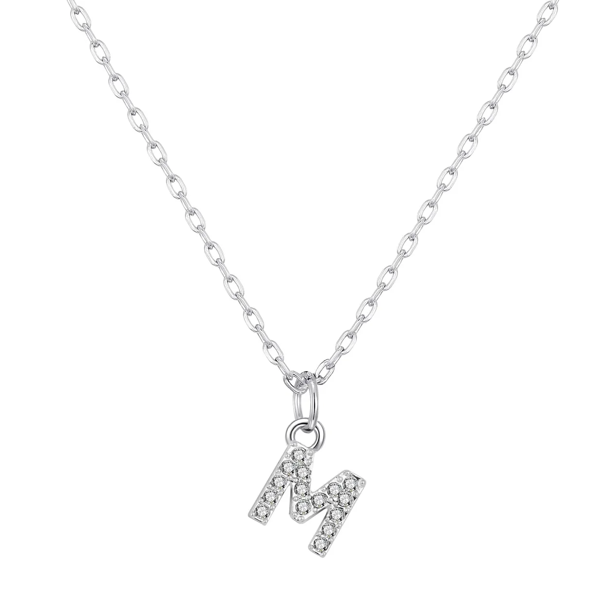 Customisable Silver Plated Pave Initial Necklace (A-Z) with Option of Birthstone Charm - M: the shop's own photo