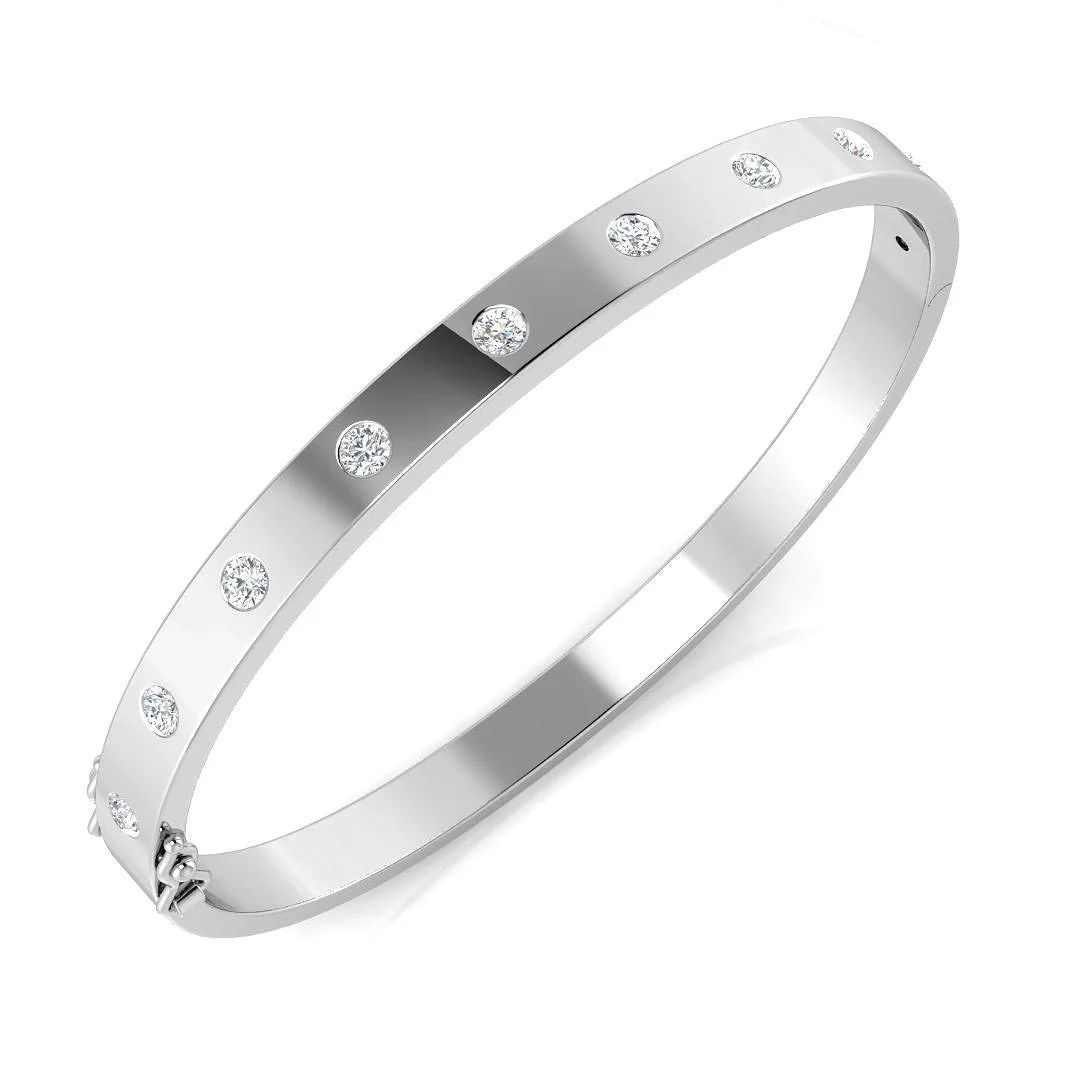 18K White Gold Round Cut Lab Diamond Flush Set Fancy Bangle with Hinged Box Lock - 9k Yellow Gold / 1.00 Carat / Lab Grown Diamond: the shop's own photo
