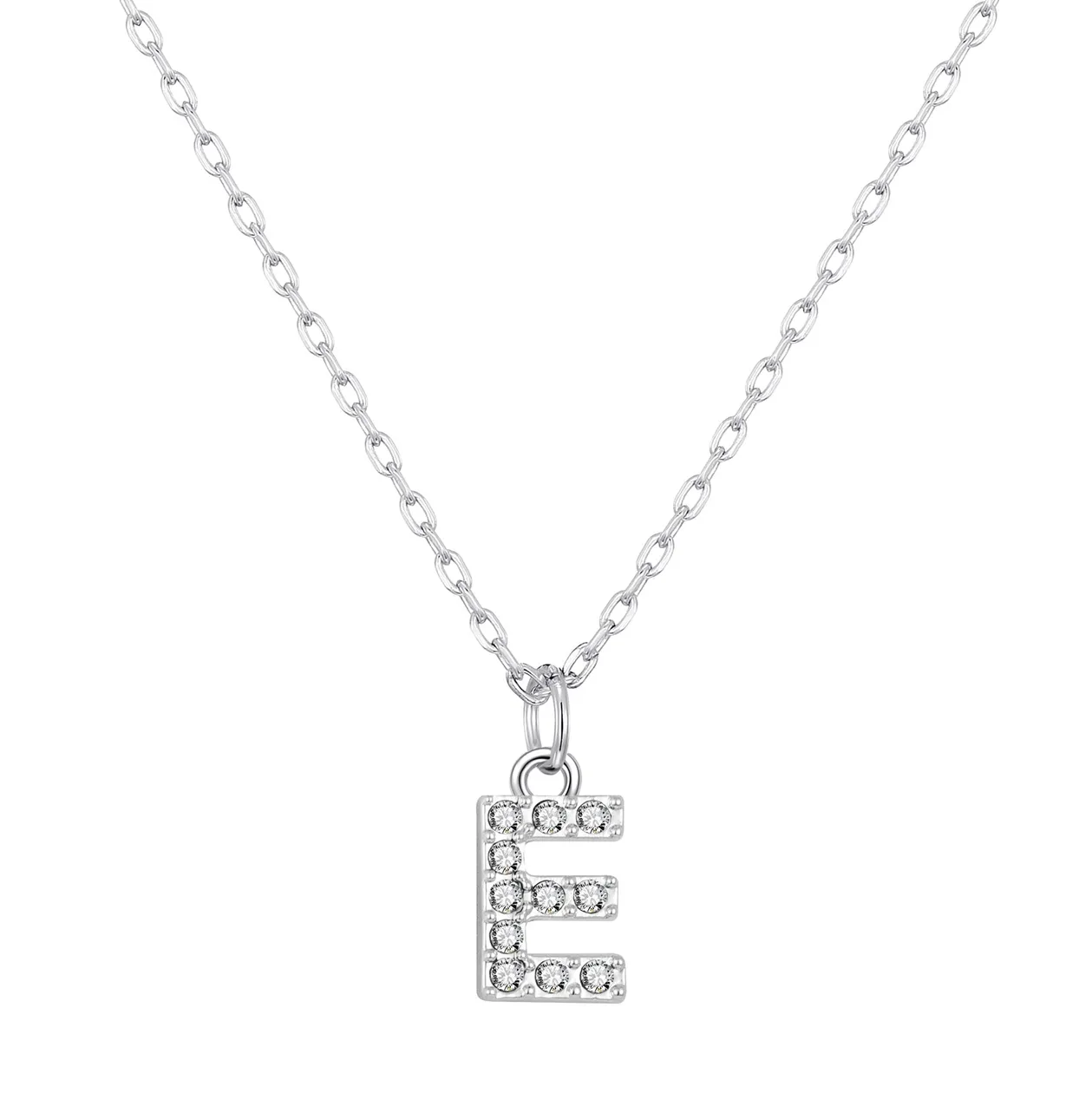 Customisable Silver Plated Pave Initial Necklace (A-Z) with Option of Birthstone Charm - E: the shop's own photo