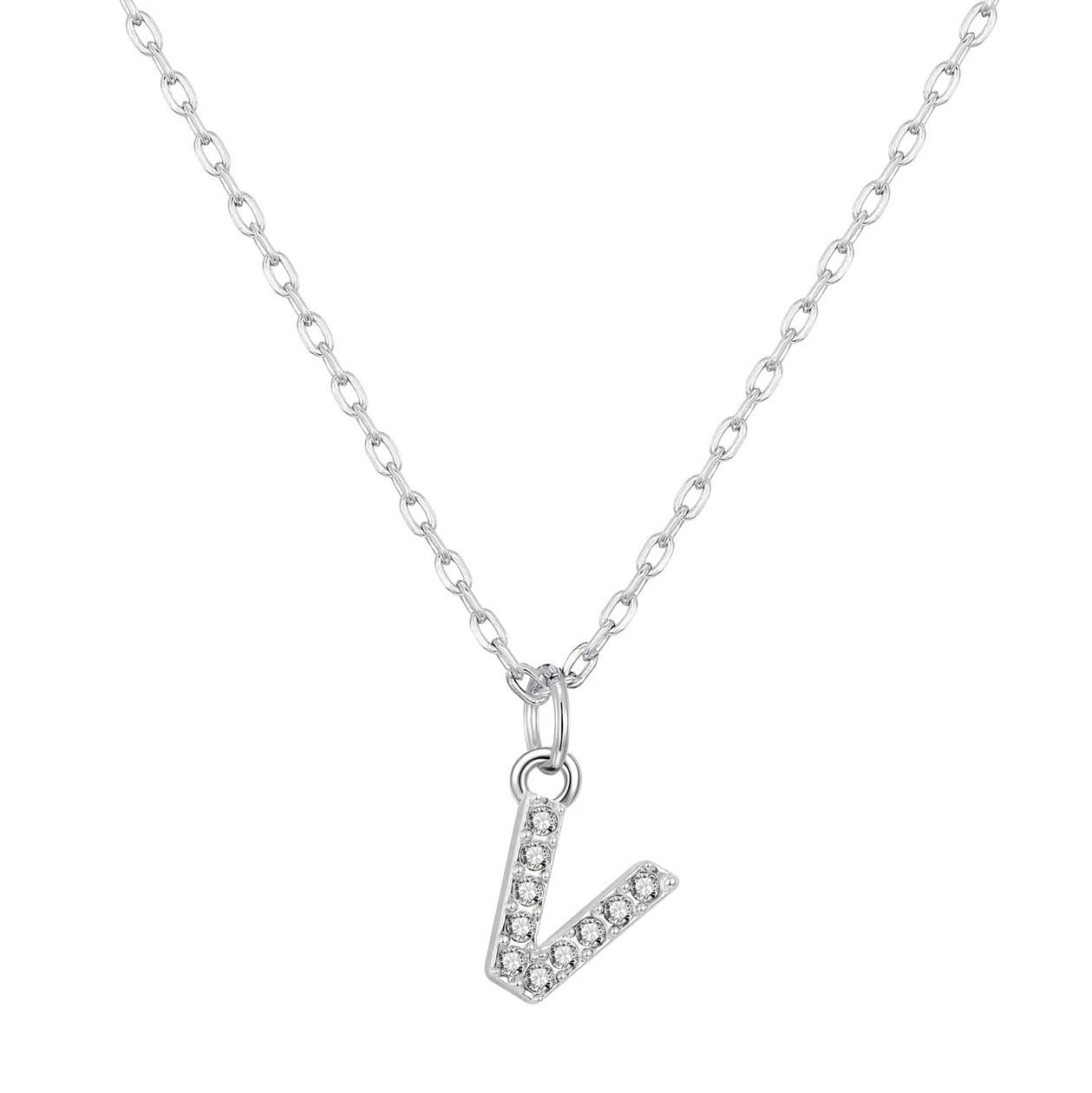 Customisable Silver Plated Pave Initial Necklace (A-Z) with Option of Birthstone Charm - V: the shop's own photo