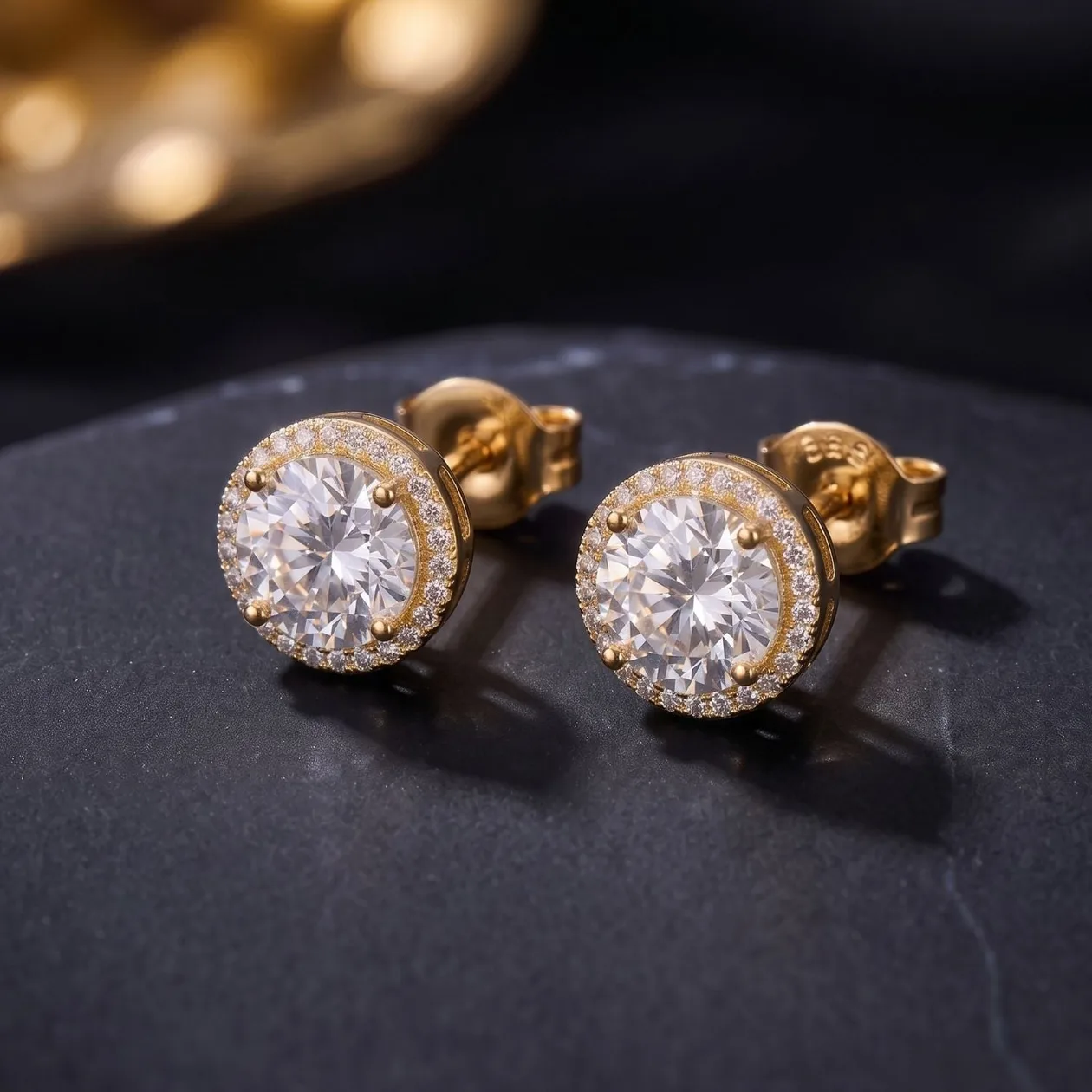 18ct Gold Plated Round Pavé Halo Stud Earrings For Men: the shop's own photo