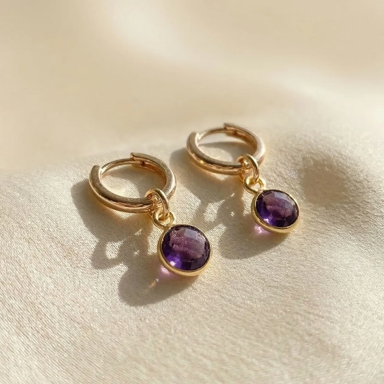Mini Amethyst February Birthstone Gold Plated Huggies: the shop's own photo