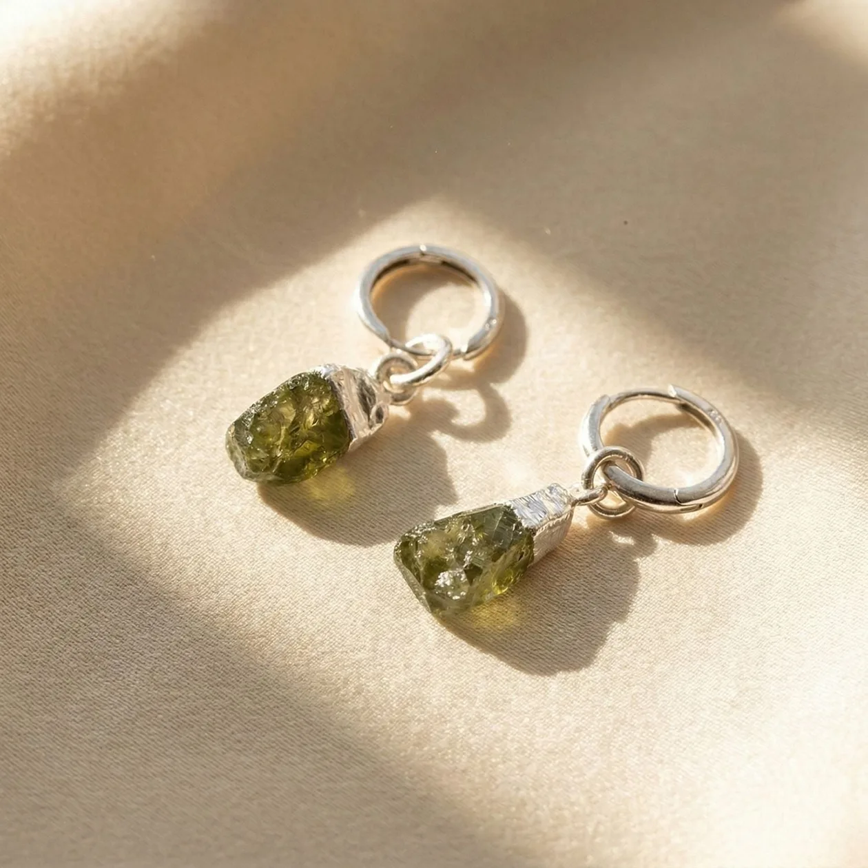 Raw Peridot Sterling Silver Round Huggies: the shop's own photo