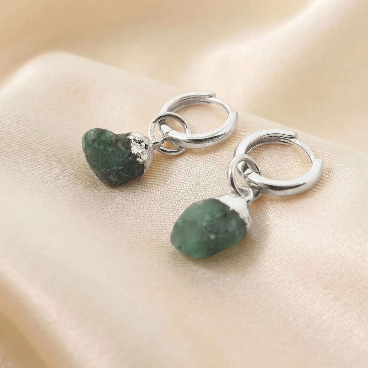 Sterling Silver Raw Emerald May Birthstone Huggie Earrings: the shop's own photo