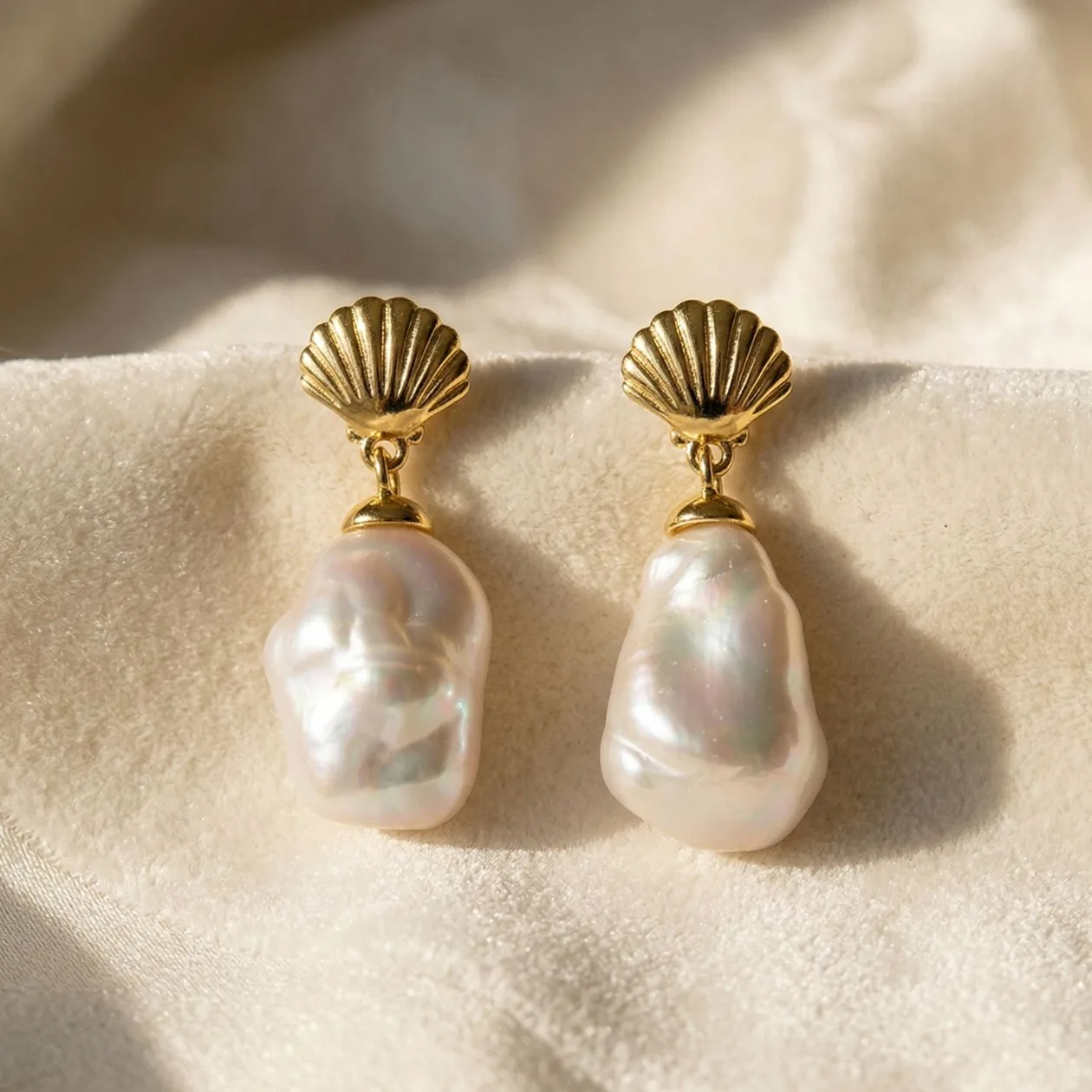 Gold Plated Shell Stud With Natural Keshi Pearl Drop Modern Earrings: the shop's own photo