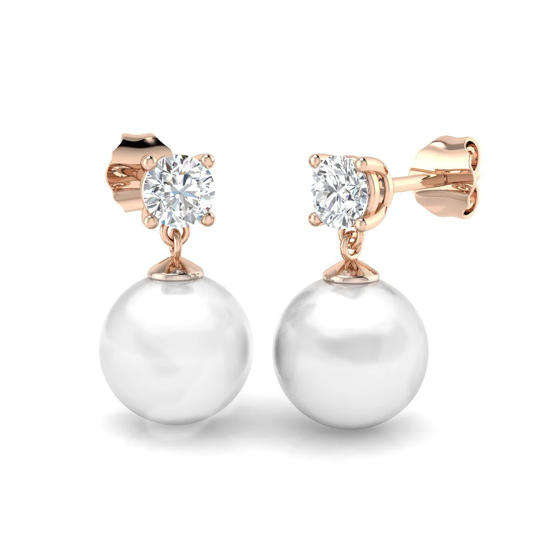 Pearl Diamond Drop Stud Earrings | 8.00ct | UK Made | 9K White, Yellow & Rose Gold - 9k Rose Gold / 8.00 Carat / Natural Diamond(F-VS): the shop's own photo