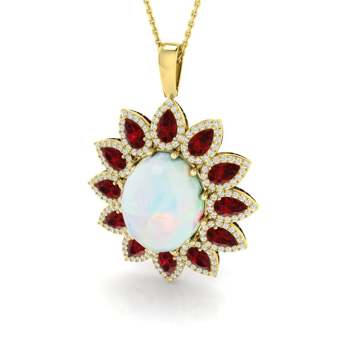 Opal Ruby Floral Halo Pendant Necklace with Diamond Accents - UK Made - 18k Yellow Gold / 11.00 Carat / Natural Diamond(F/SI): the shop's own photo