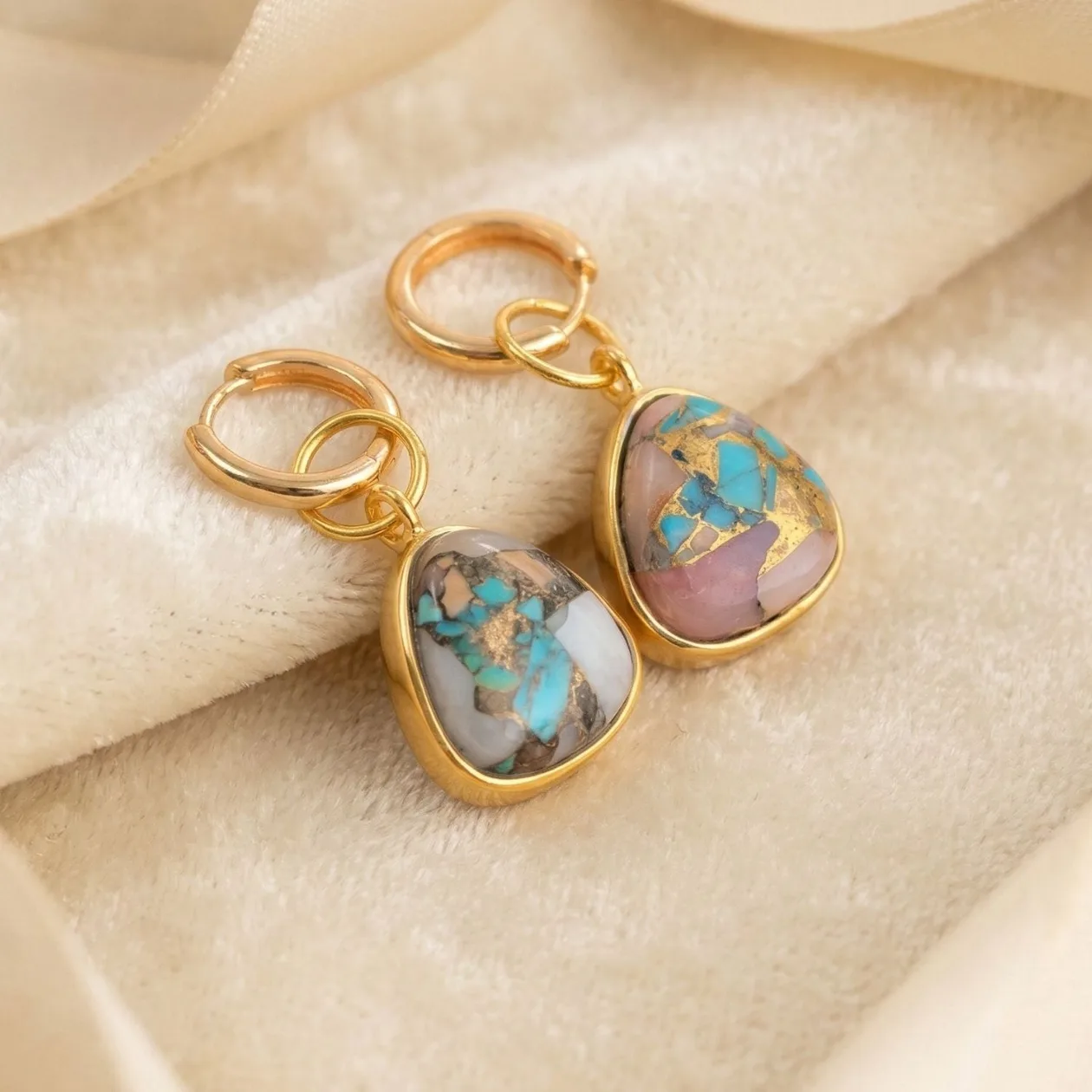 Opal Turquoise Gemstone Gold Vermeil Hoop Earrings: the shop's own photo