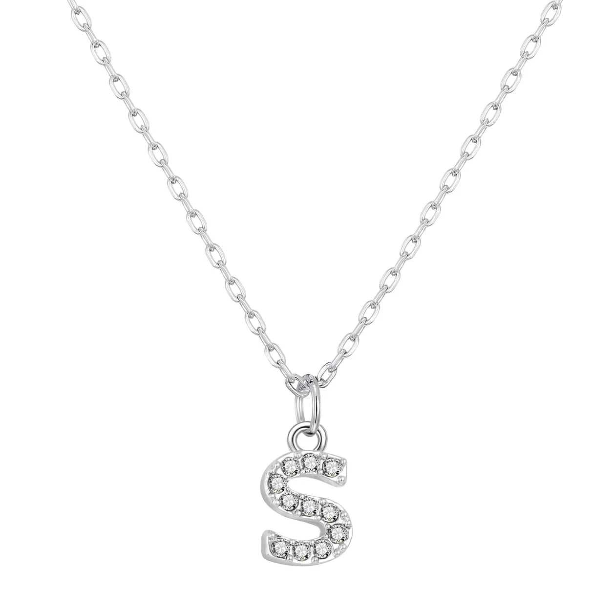 Customisable Silver Plated Pave Initial Necklace (A-Z) with Option of Birthstone Charm - S: the shop's own photo