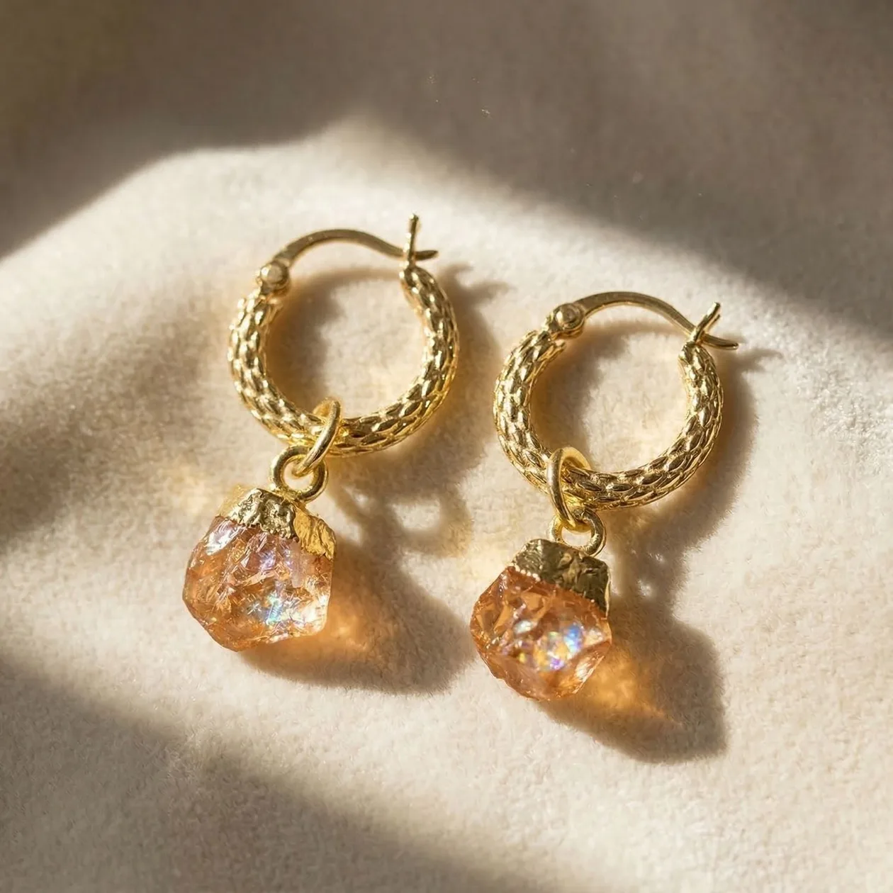 Raw Citrine November Birthstone Huggie Hoops Gold Plated Gemstone Earrings: the shop's own photo