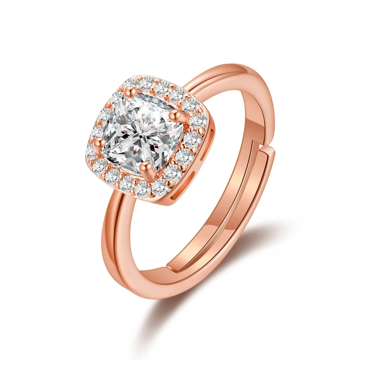 Rose Gold Plated Square Halo Adjustable Ring Created with Zircondia® Crystals: the shop's own photo