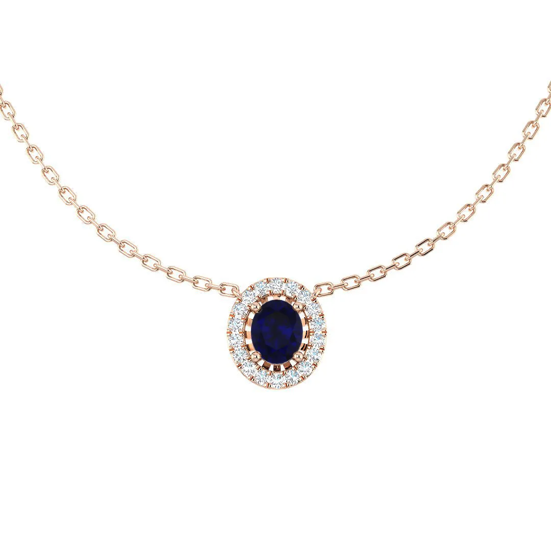 Blue Sapphire Pendant Necklace with Diamond Halo | Gold & Platinum - 9k Rose Gold / 0.50 Carat / Natural Diamond(F/SI): the shop's own photo