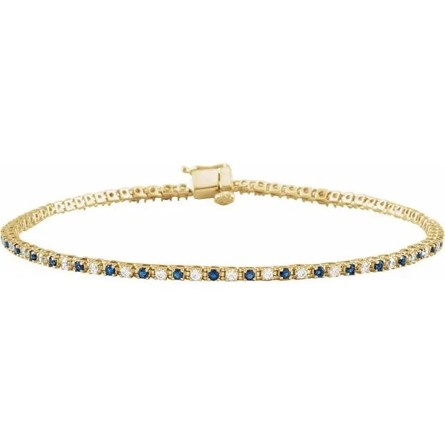 Round Natural Blue Sapphire & Natural Diamond Line Bracelet In Gold & Platinum - 18k Yellow Gold / 3.22 Carat / Lab-Grown-AAA: the shop's own photo