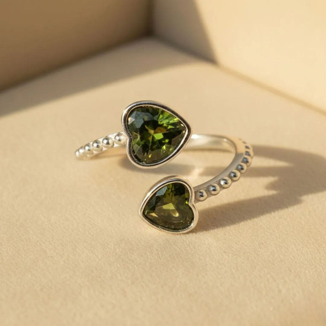 Double Heart Peridot Heart August Birthstone Adjustable Silver Ring: the shop's own photo