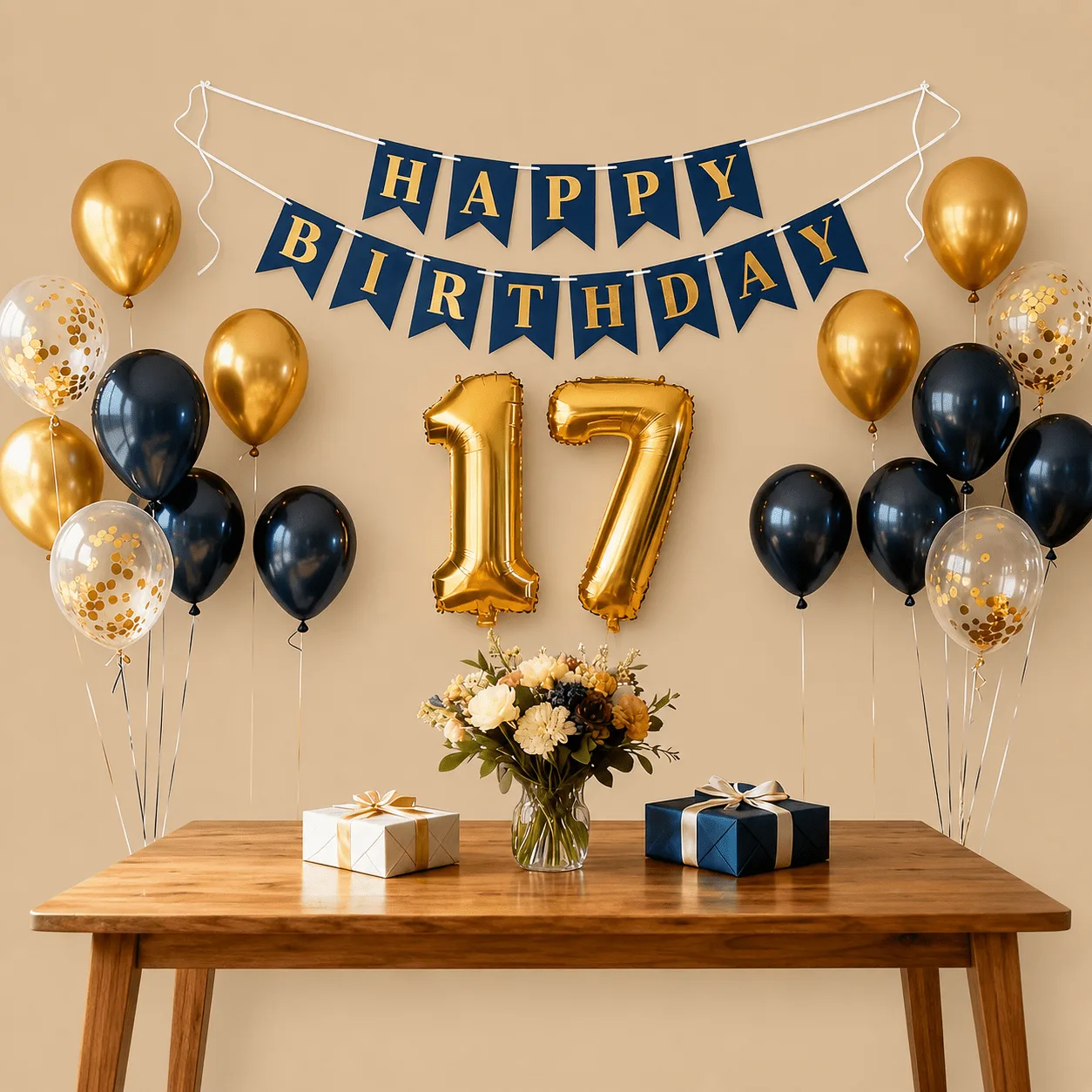 17th Birthday Navy Blue & Gold Balloon Set: the shop's own photo