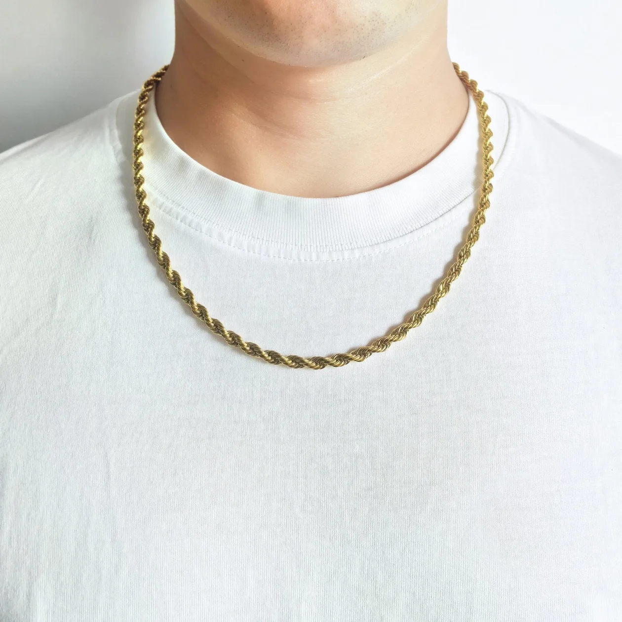 Men's 5mm 18k Gold Plated Steel 18-24 Inch Round Rope Wheat Chain Necklace - 22 Inch: the shop's own photo