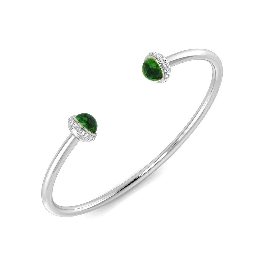 Premium Platinum Cabochon Peridot Open Cuff Bangle with Natural Round Halo Diamonds - 18k Yellow Gold / 2.40 Carat / Natural Diamond: the shop's own photo
