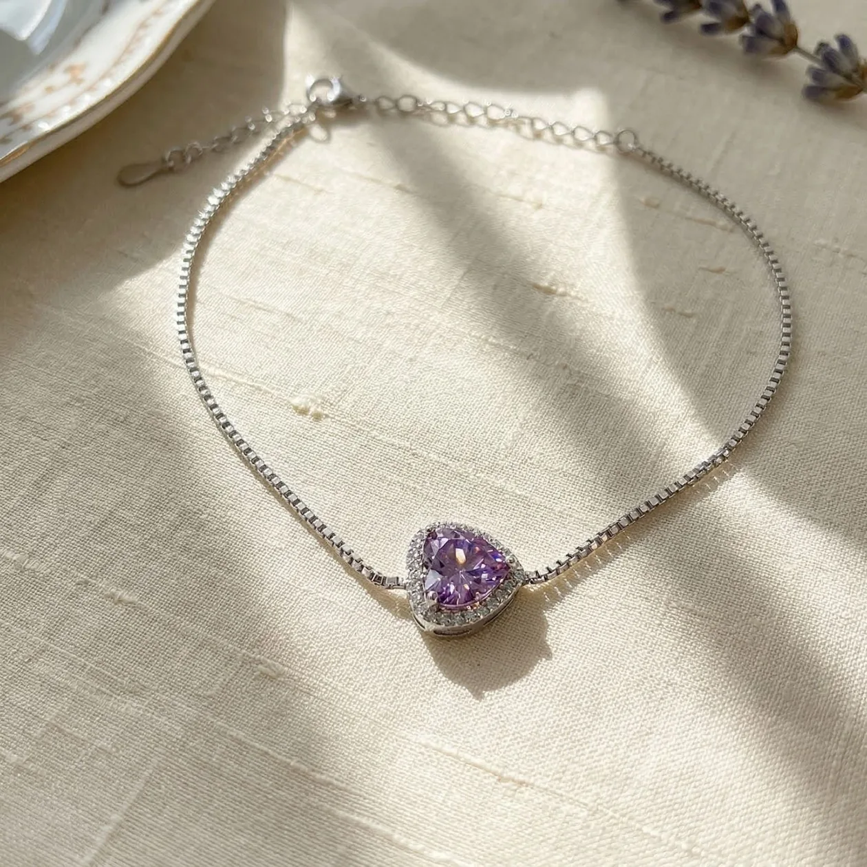 Amethyst February Birthstone Love Heart Charm Sterling Silver Bracelet: the shop's own photo