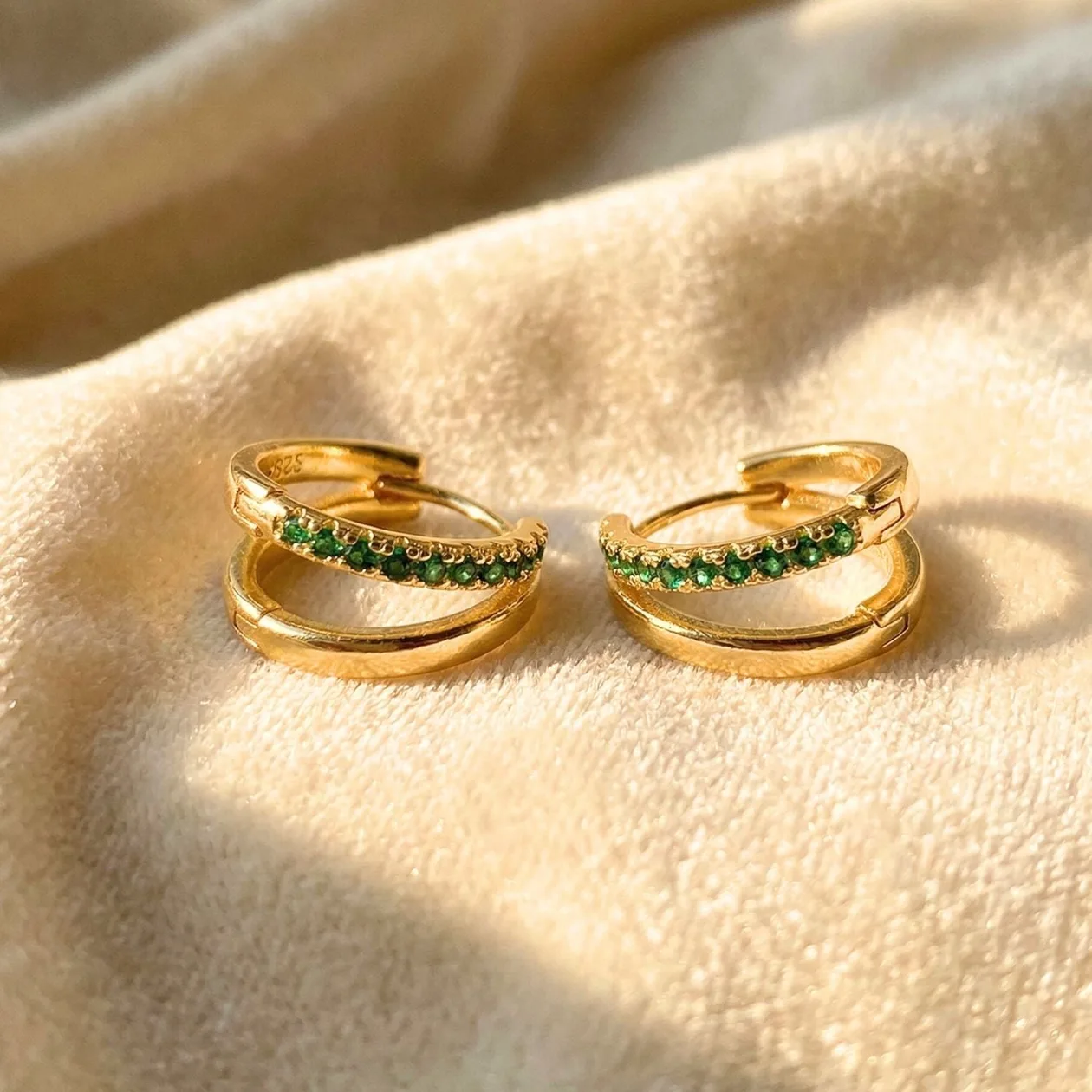 Emerald May Birthstone Double Hoop Small Huggie Gold Plated Earrings: the shop's own photo