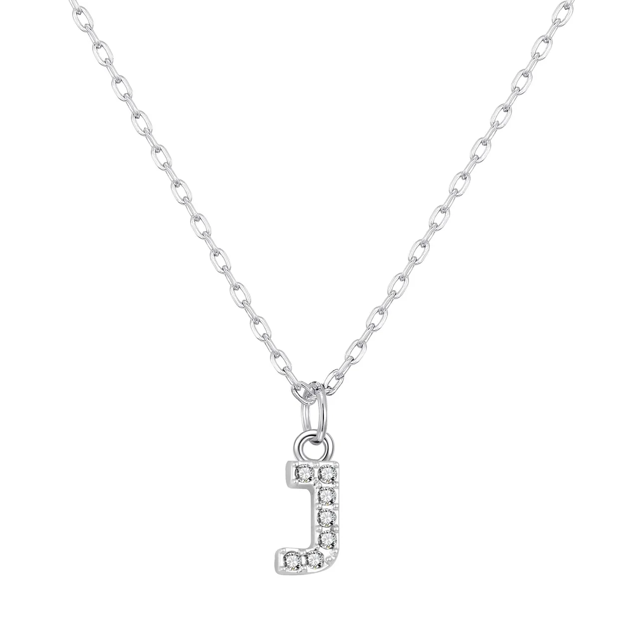 Customisable Silver Plated Pave Initial Necklace (A-Z) with Option of Birthstone Charm - J: the shop's own photo