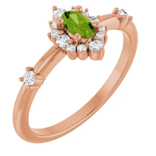 Oval Peridot Halo Ring with Diamond Accents in Rose Gold - 18k Yellow Gold / 1.80 Carat / Lab-Grown-AAA: the shop's own photo