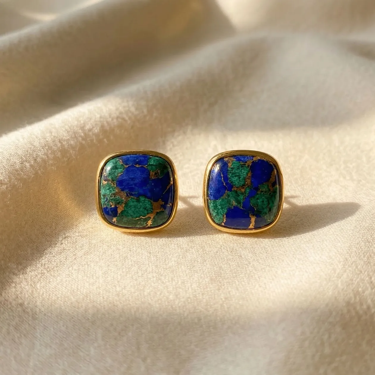 18ct Gold Vermeil Plated Azurite And Malachite Gemstone Stud Earrings: the shop's own photo