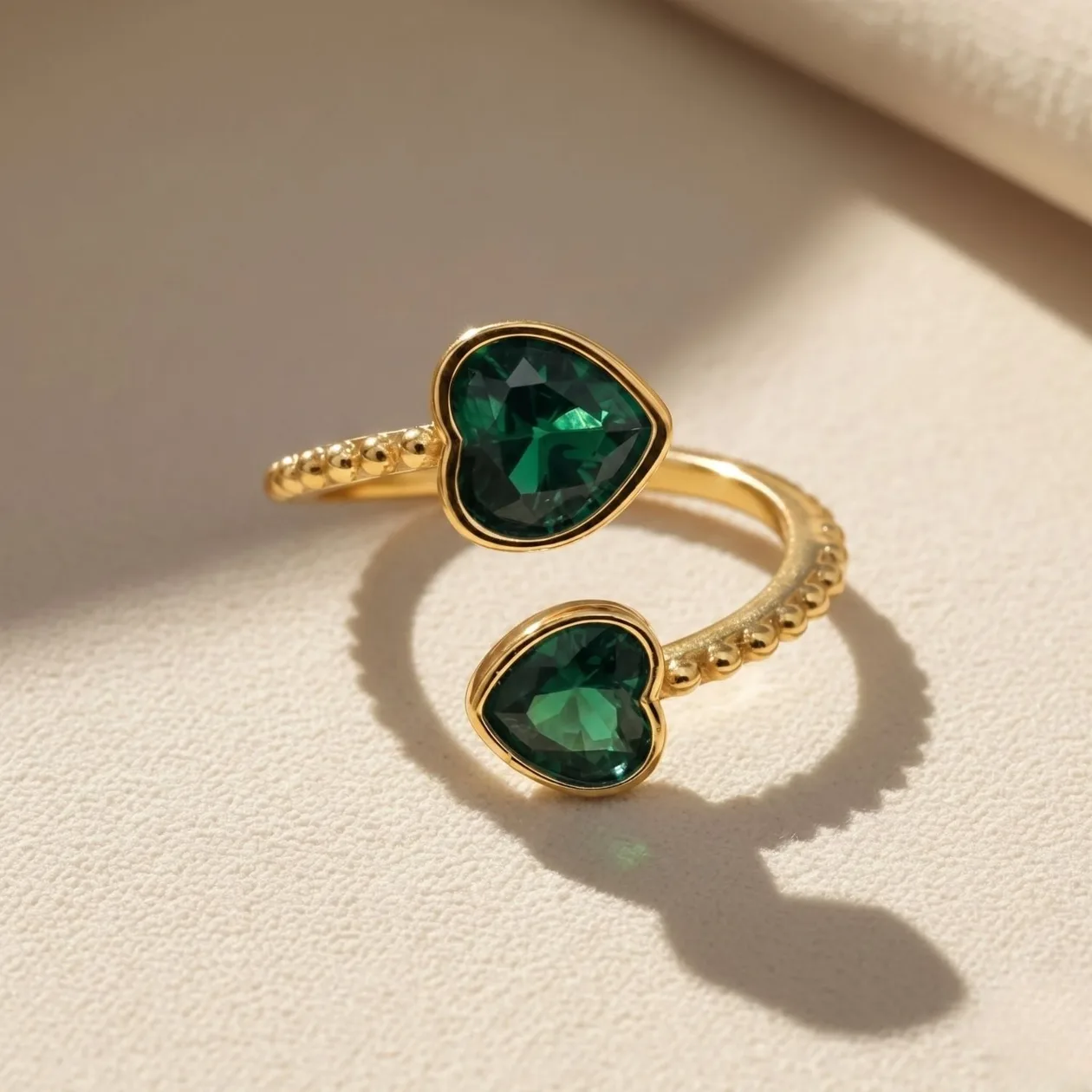18ct Gold Plated Double Heart Adjustable Emerald May Birthstone Ring: the shop's own photo