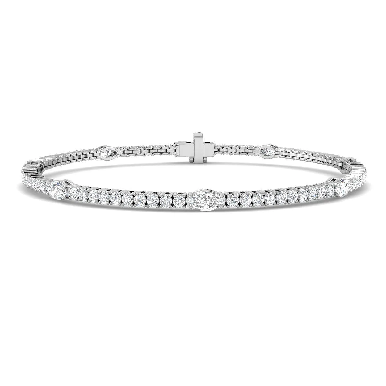9K White Gold Natural Round & Marquise Cut Diamond Tennis Bracelet with Box Clasp - Two Shape Diamond - 950 Platinum / 2.60 Carat / Lab Grown Diamond: the shop's own photo