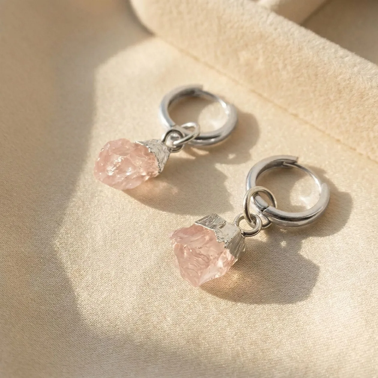 Raw Rose Quartz Sterling Silver Round Huggies: the shop's own photo