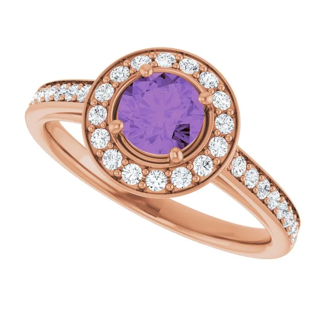 Round Amethyst Halo Ring with Lab Diamond Accents in Gold and Platinum - 18k Yellow Gold / 2.40 Carat / Lab-Grown-AAA: the shop's own photo