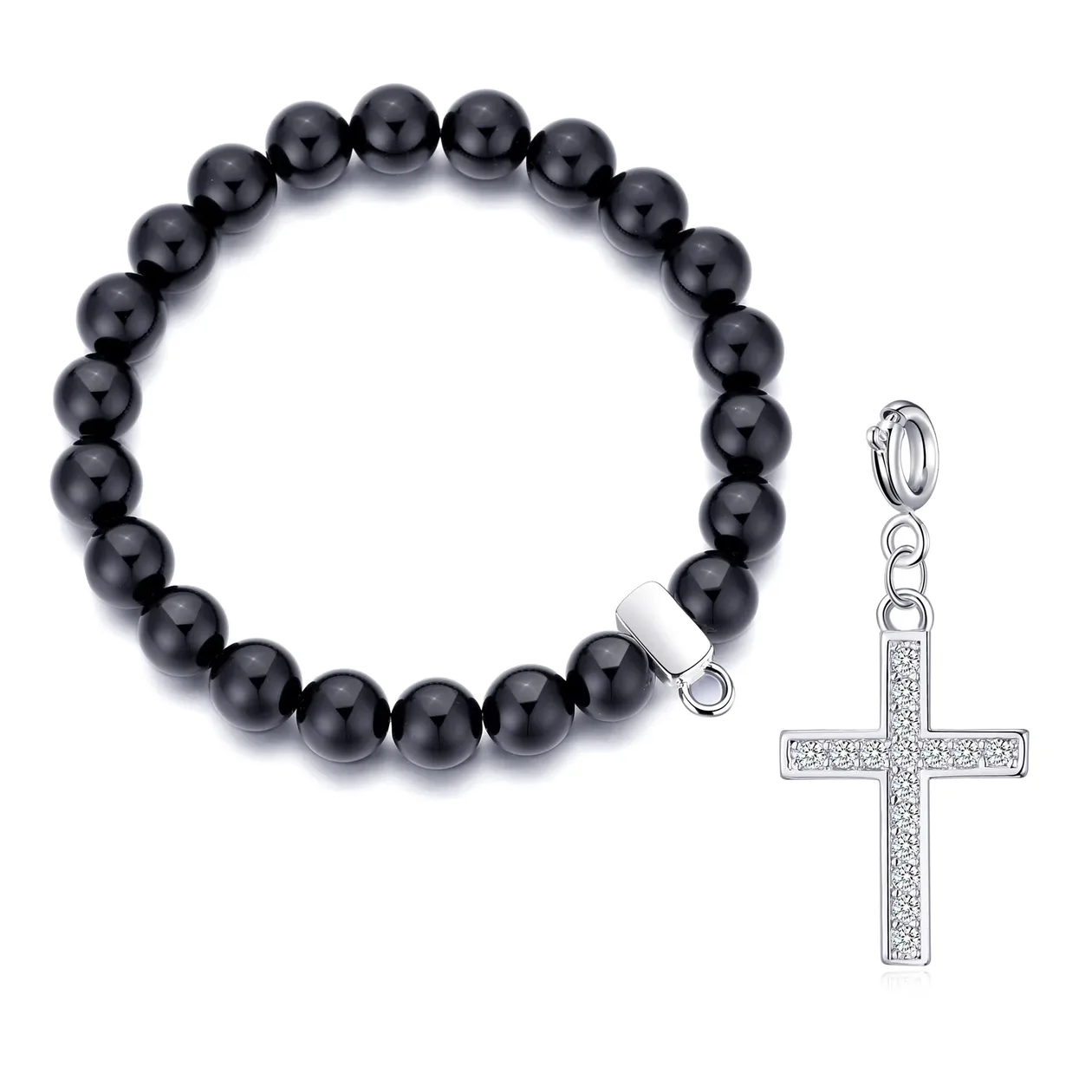 Black Onyx Gemstone Bracelet with Cross Charm Created with Zircondia® Crystals: the shop's own photo