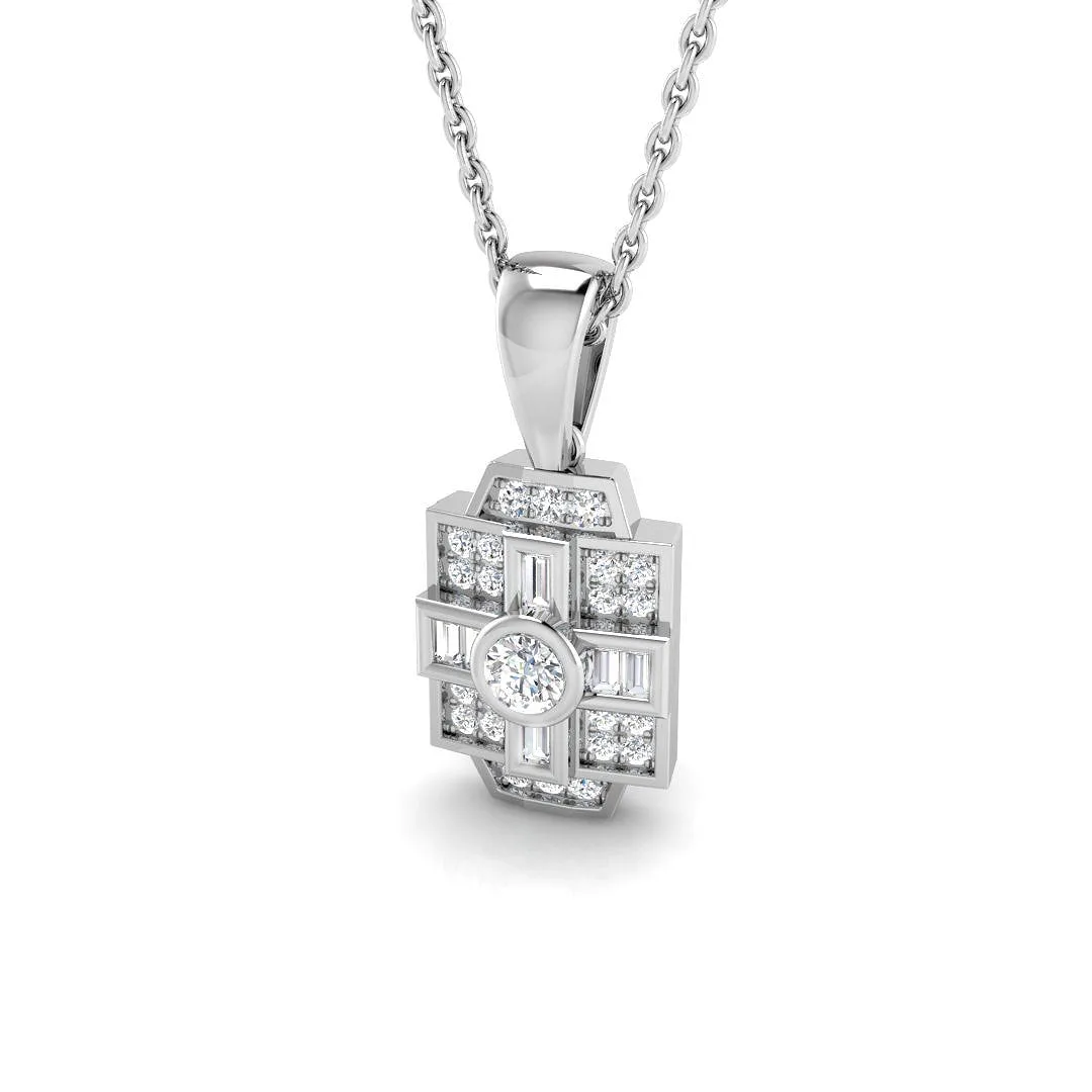 Art Deco Diamond Cluster Pendant Necklace with Round & Baguette Diamonds - 9k White Gold / Natural Diamond(F/SI) / 0.20 Carat: the shop's own photo