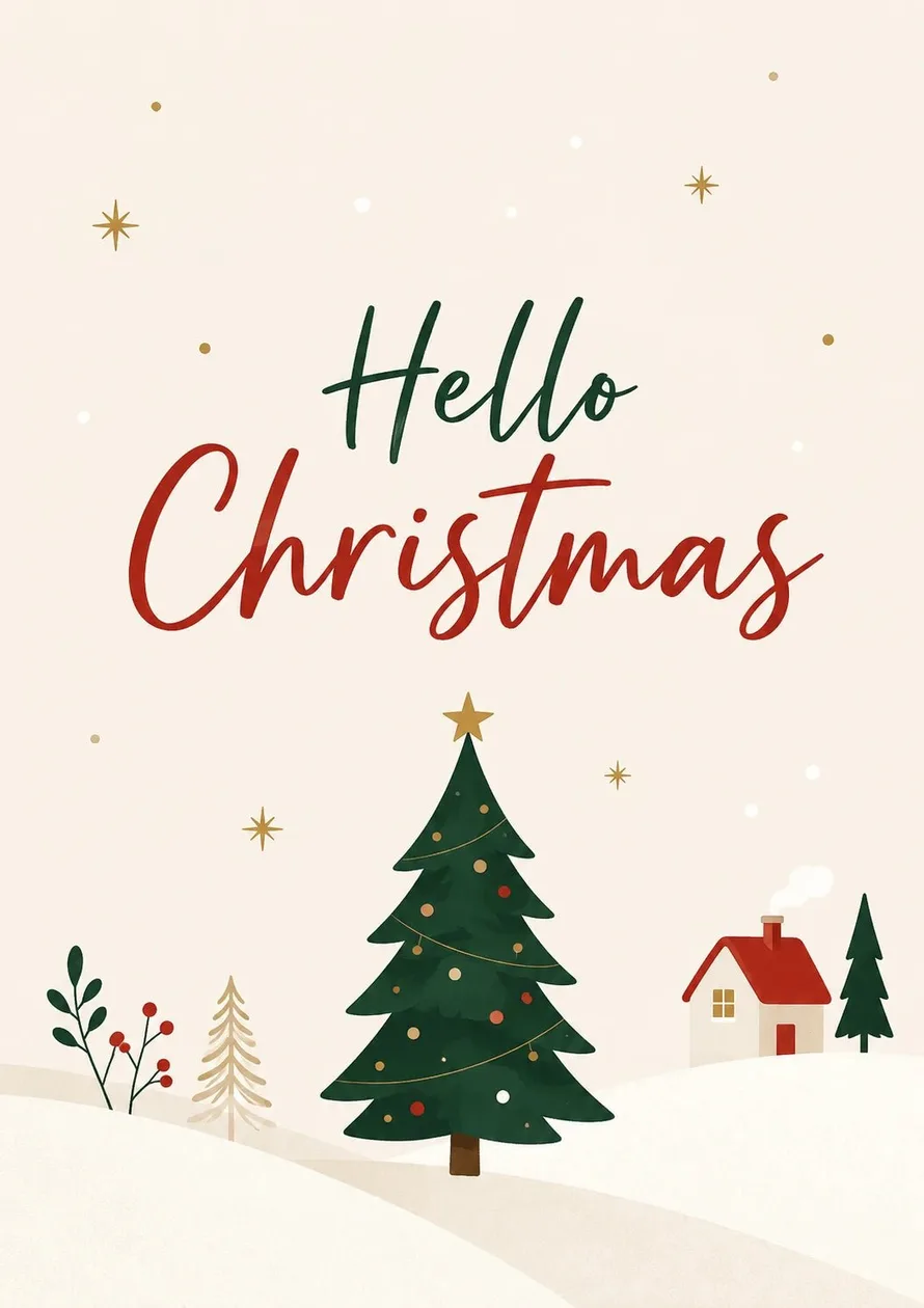 Hello Christmas Snowy Village Scene Christmas Card: the shop's own photo
