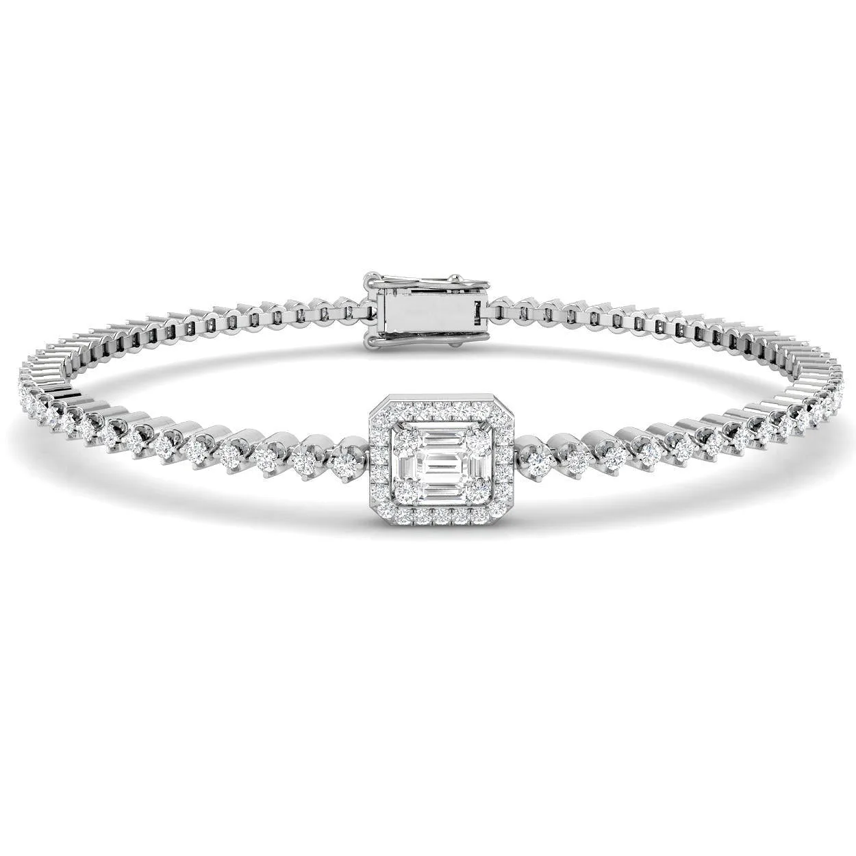 Round & Baguette Diamond Halo Bracelet in Gold & Platinum | Pave Setting - 18k Yellow Gold / 1.50 Carat / Lab Grown Diamond: the shop's own photo