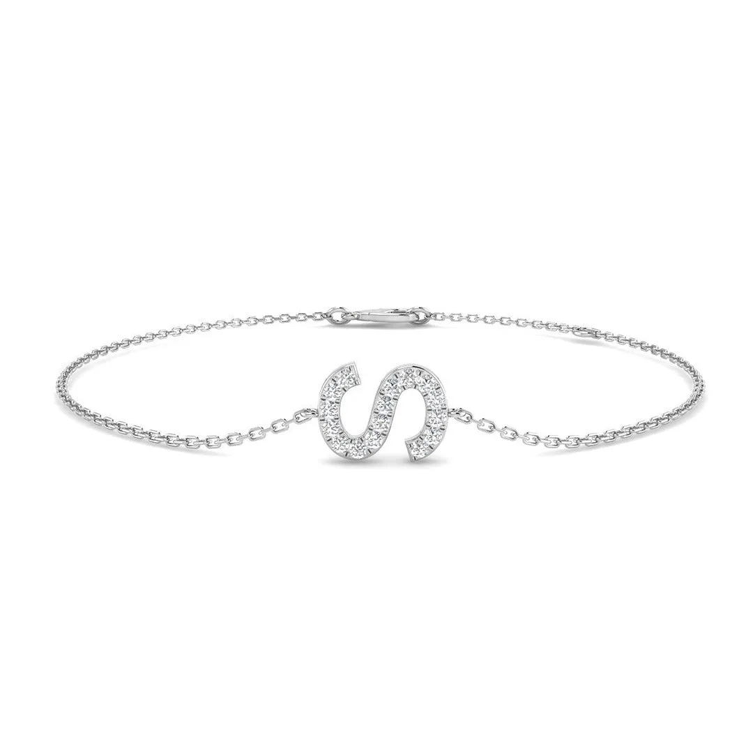 Round Cut Pave Lab Grown Diamond Alphabet S Bracelet with Chain in 9K Solid Gold - 18k Yellow Gold / 0.15 Carat / Natural Diamond: the shop's own photo