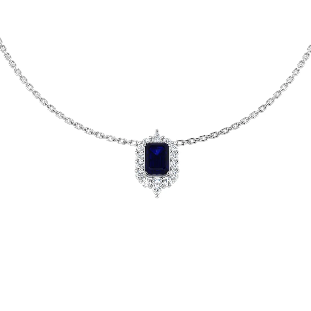 Emerald Cut Blue Sapphire Halo Pendant Necklace | Diamond Cluster Sapphire Necklace - 9k White Gold / 1.00 Carat / Natural Diamond(F/SI): the shop's own photo