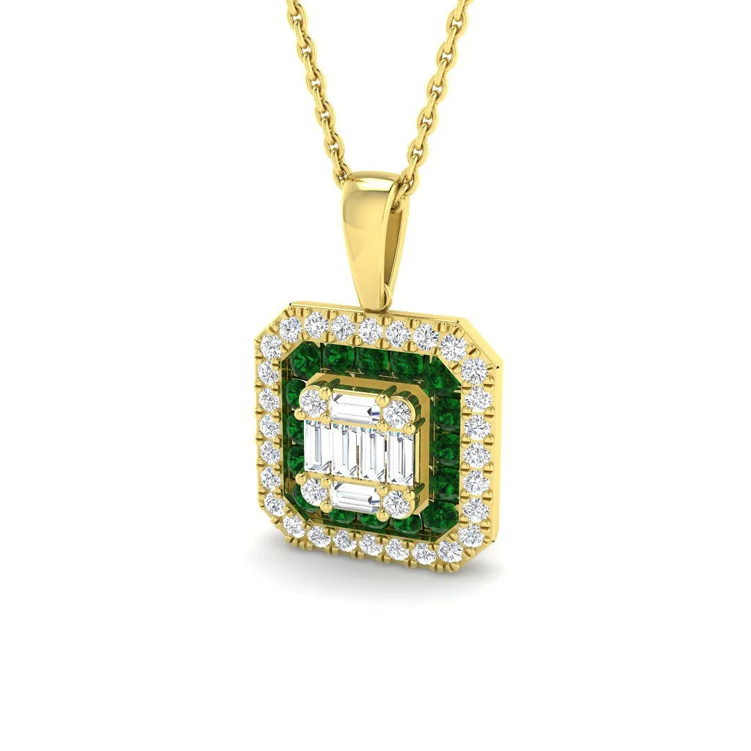 Emerald Pendant Necklace with Diamond Halo Cluster Design (Without Chain) - 18k Yellow Gold / 0.75 Carat / Natural Diamond(F/SI): the shop's own photo