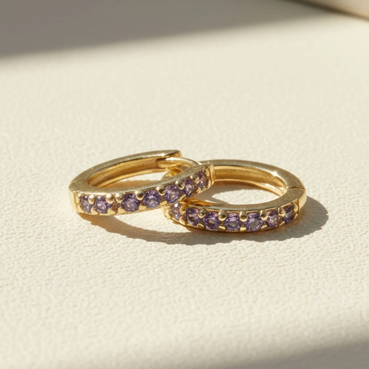 Amethyst February Birthstone Small Huggie Hoop Earrings: the shop's own photo