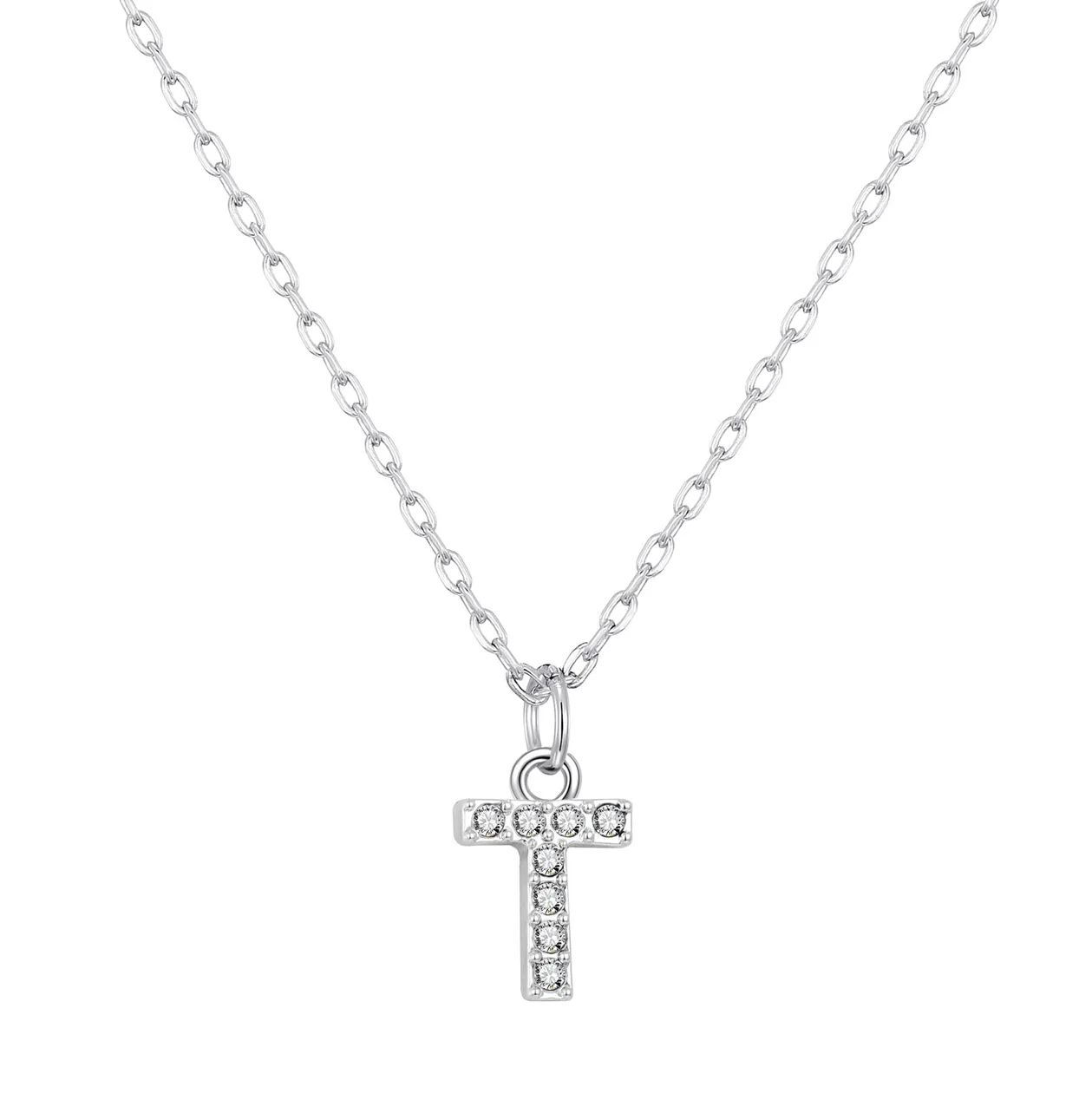 Customisable Silver Plated Pave Initial Necklace (A-Z) with Option of Birthstone Charm - T: the shop's own photo