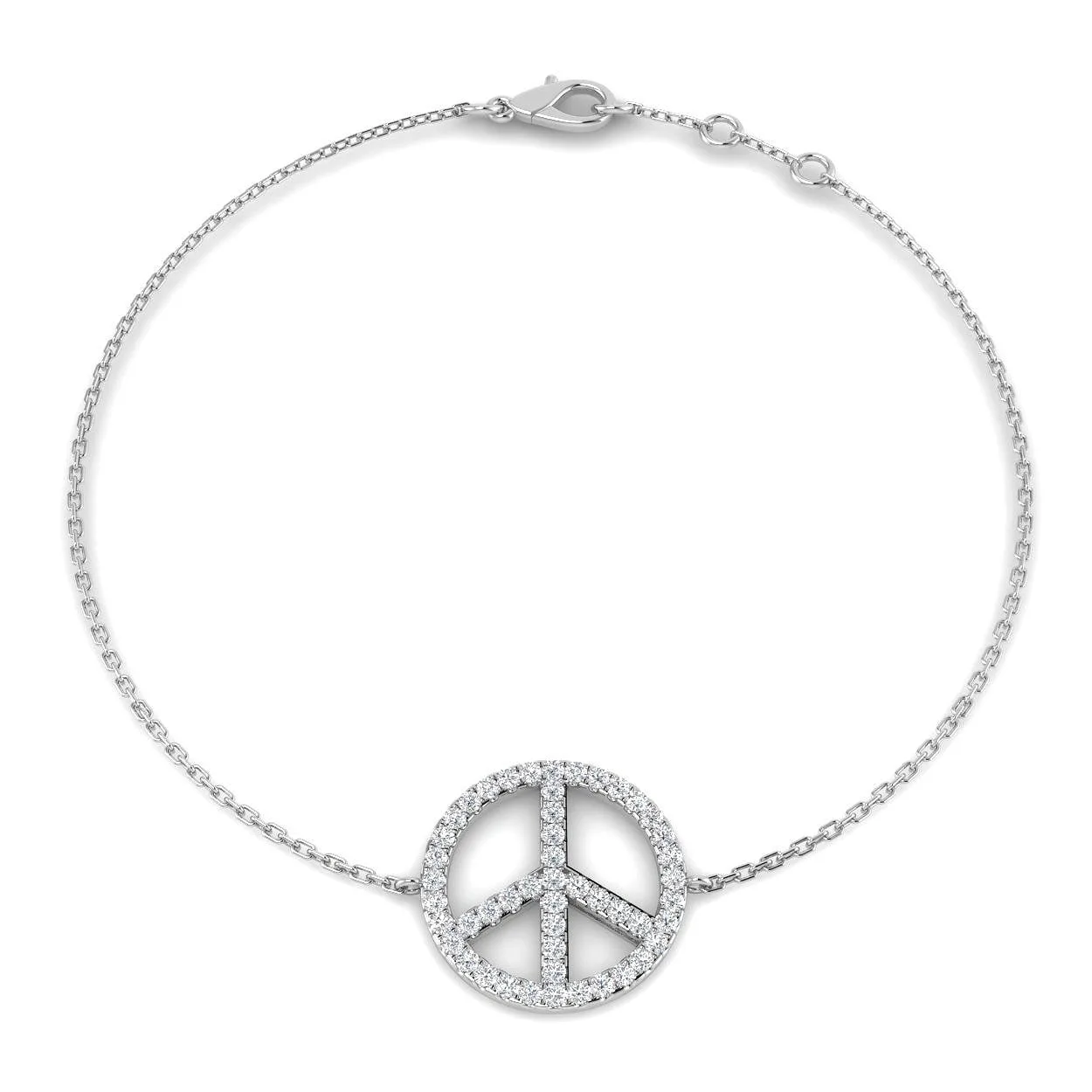 18K Yellow Gold Peace Sign Charm Bracelet with Round Lab Grown Diamond Pave and Lobster Clasp - 9k White Gold / 0.25 Carat / Natural Diamond: the shop's own photo