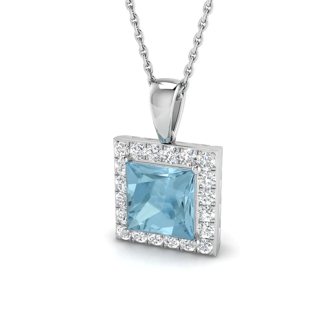 Princess Cut Aquamarine Halo Pendant | Diamond Accents Luxury Design - 9k White Gold / 1.75 Carat / Natural Diamond(F/SI): the shop's own photo