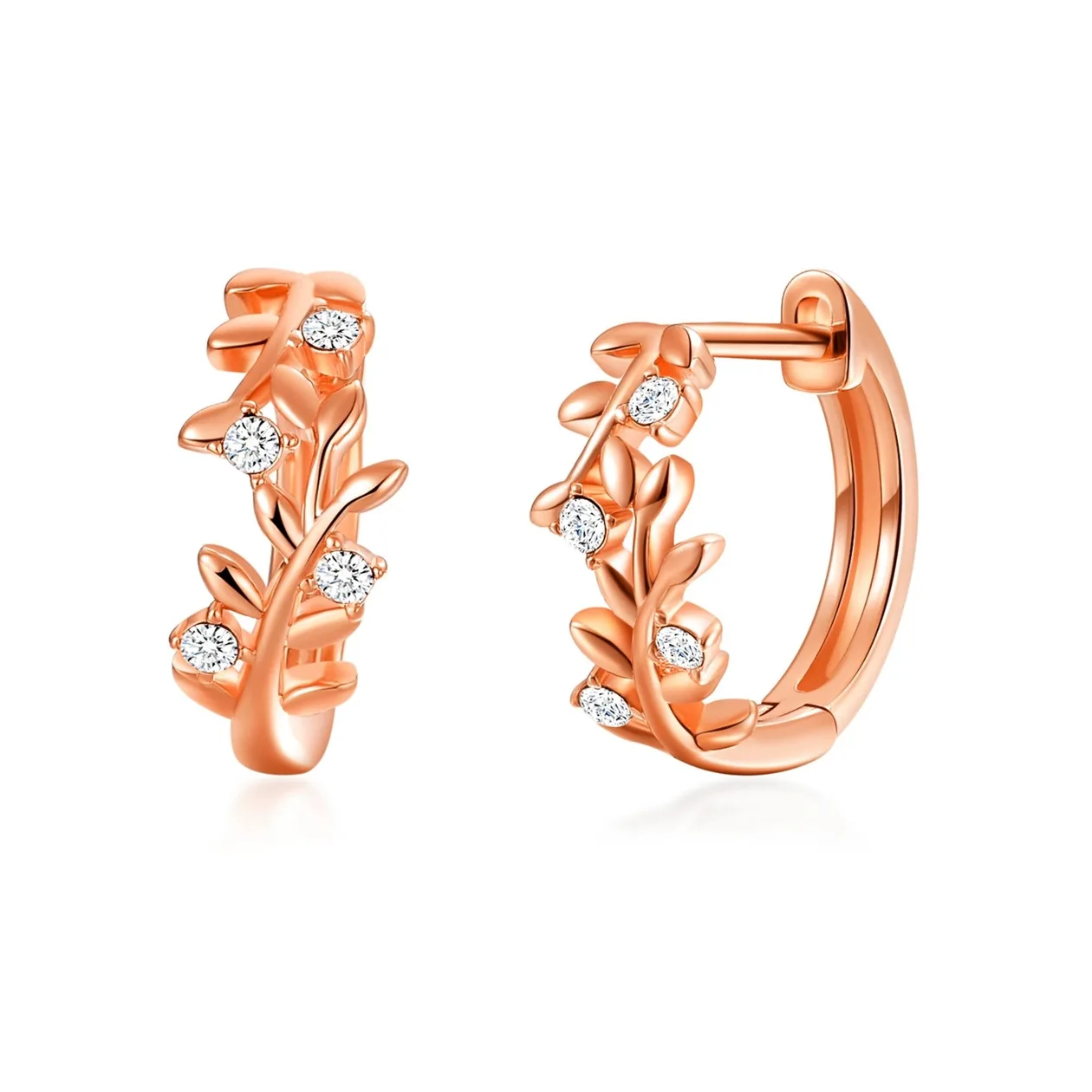 Rose Gold Plated Leaf Hoop Earrings Created with Zircondia® Crystals: the shop's own photo
