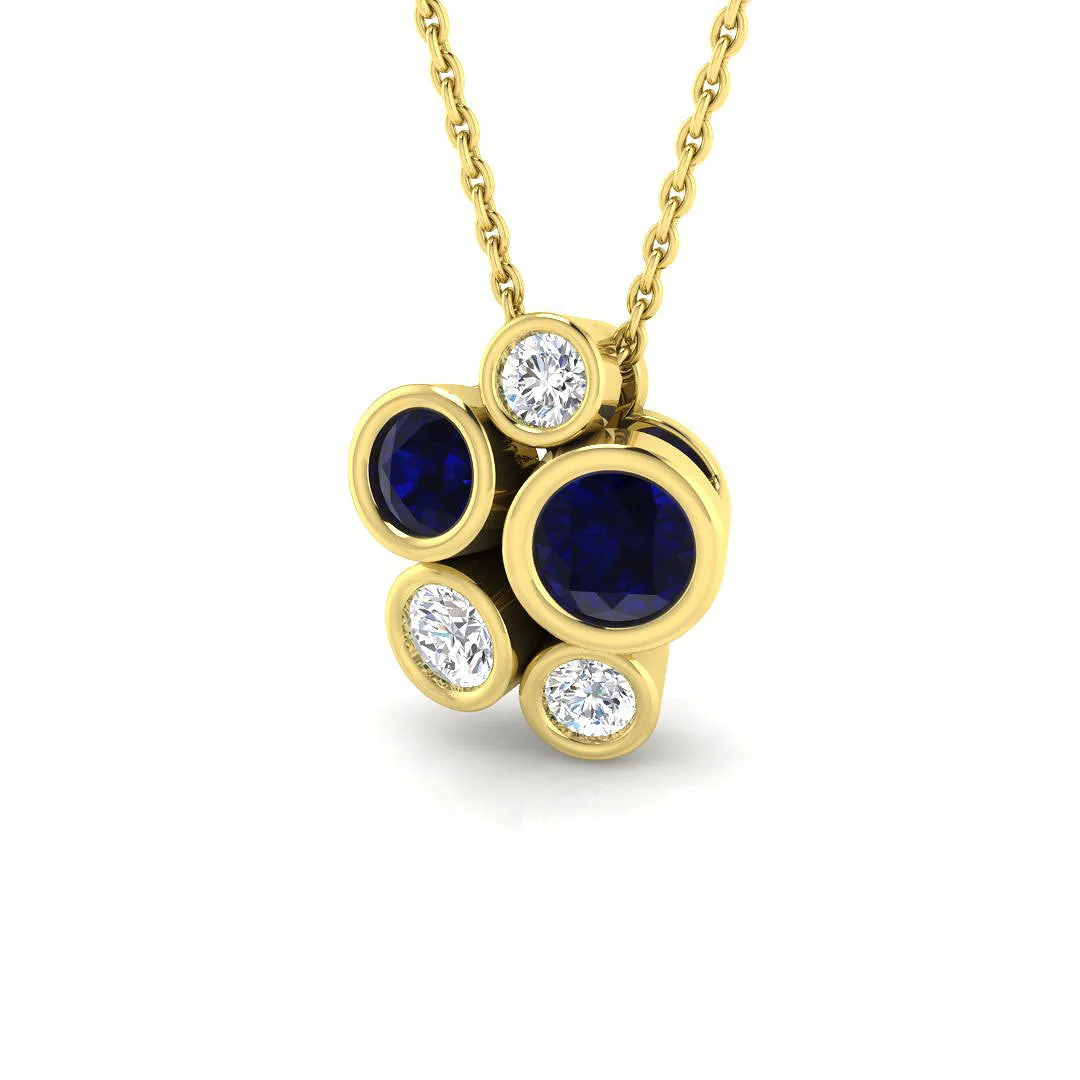 Blue Sapphire & Diamond Cluster Pendant Necklace - Gemstone Pendant - 9k Yellow Gold / 0.75 Carat / Natural Diamond(F/SI): the shop's own photo