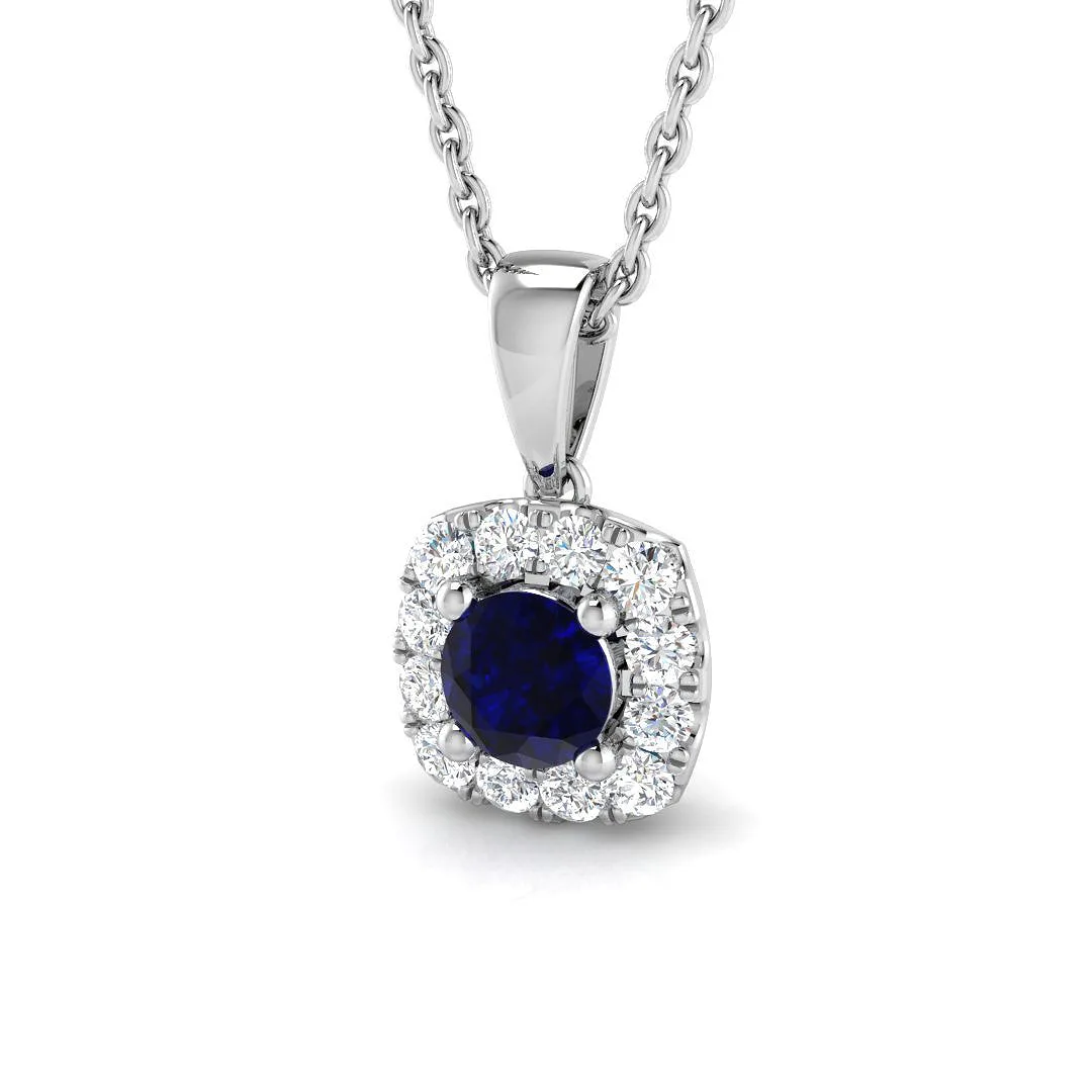 Blue Sapphire Pendant Necklace with Diamond Halo in White Gold - UK Made - 950 Platinum / 0.50 Carat / Natural Diamond(F/SI): the shop's own photo