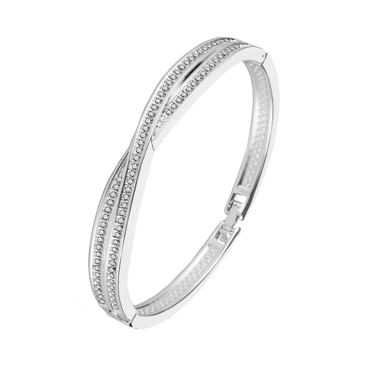 Silver Plated Crossover Bangle Created with Zircondia® Crystals (7 Inch): the shop's own photo