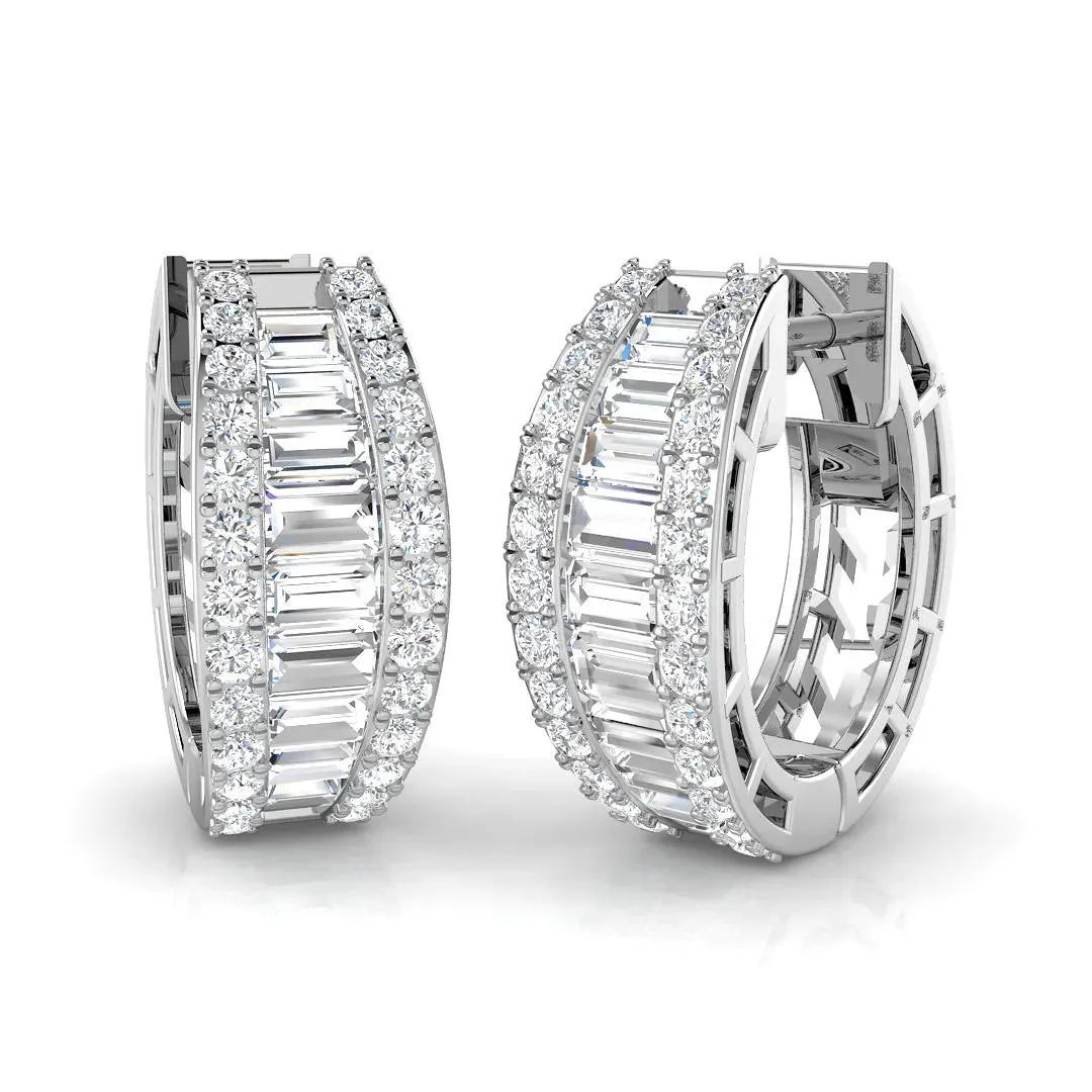Hoop Earrings - 1.4ct Baguette And Round Diamond Luxury - Natural Diamond / 18k Yellow Gold / 1.4: the shop's own photo