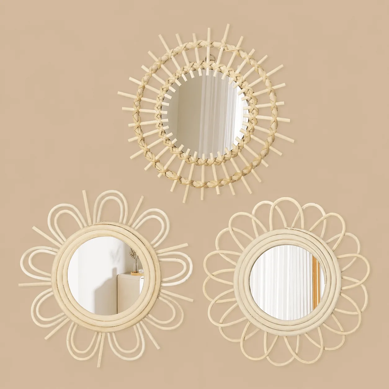 Rustic Round Rattan Mirrors, Set of 3: the shop's own photo