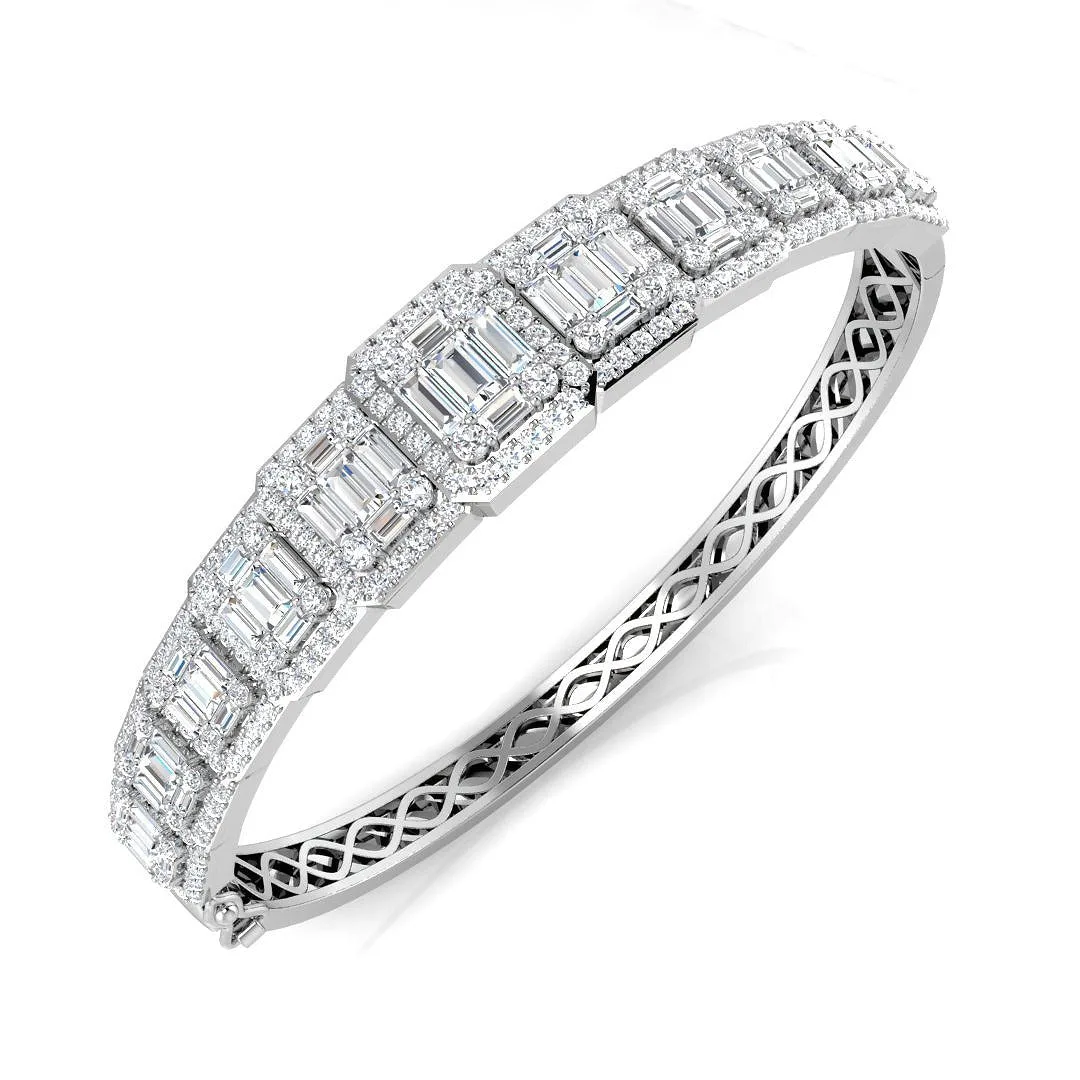 18K White Gold Lab Grown Baguette and Round Diamond Emerald Style Channel Prong Set Bangle - 9k Yellow Gold / 5.35 Carat / Natural Diamond: the shop's own photo