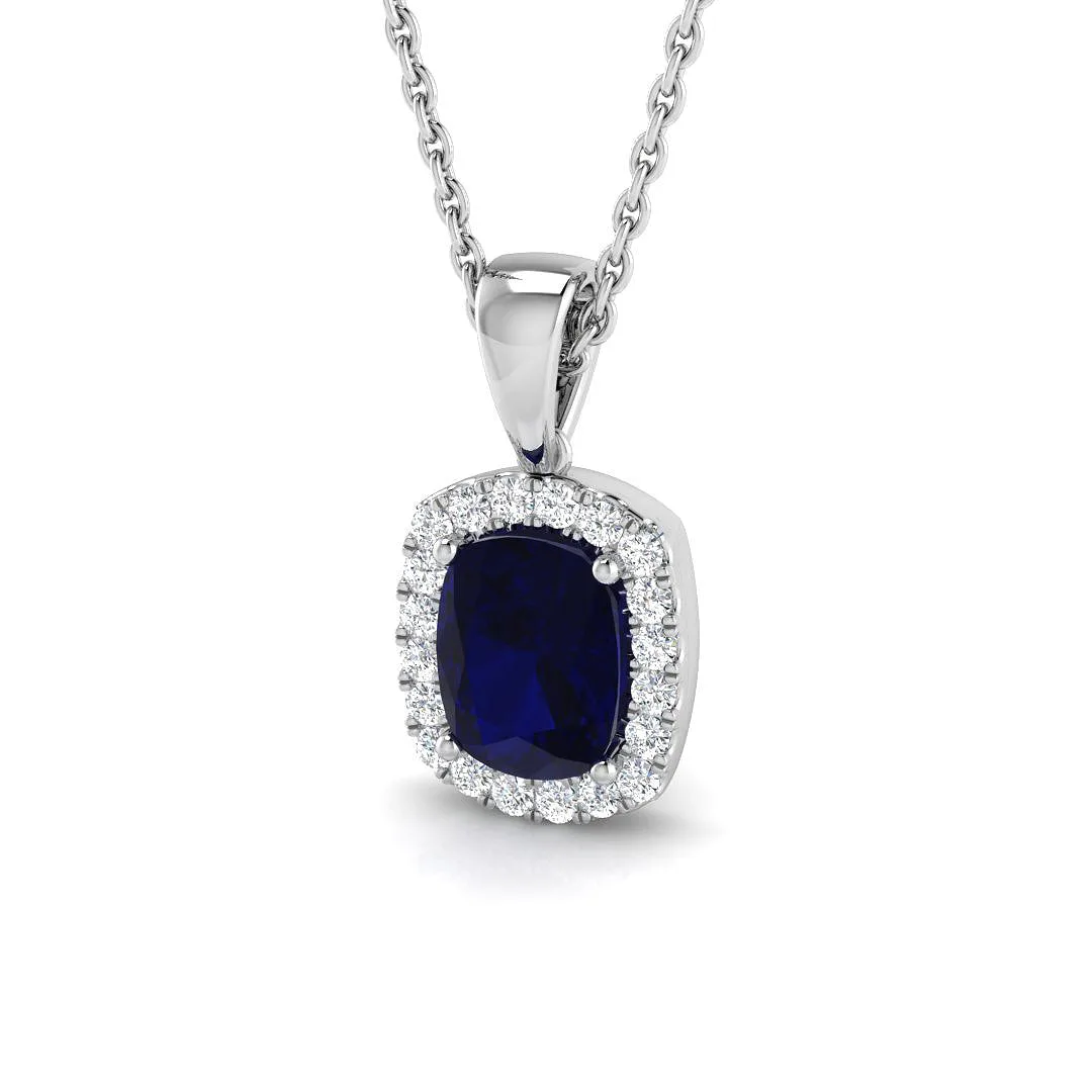 Blue Sapphire Diamond Halo Pendant | Gold & Platinum | Prong Set - 9k White Gold / Natural Diamond(F/SI) / 1.00 Carat: the shop's own photo